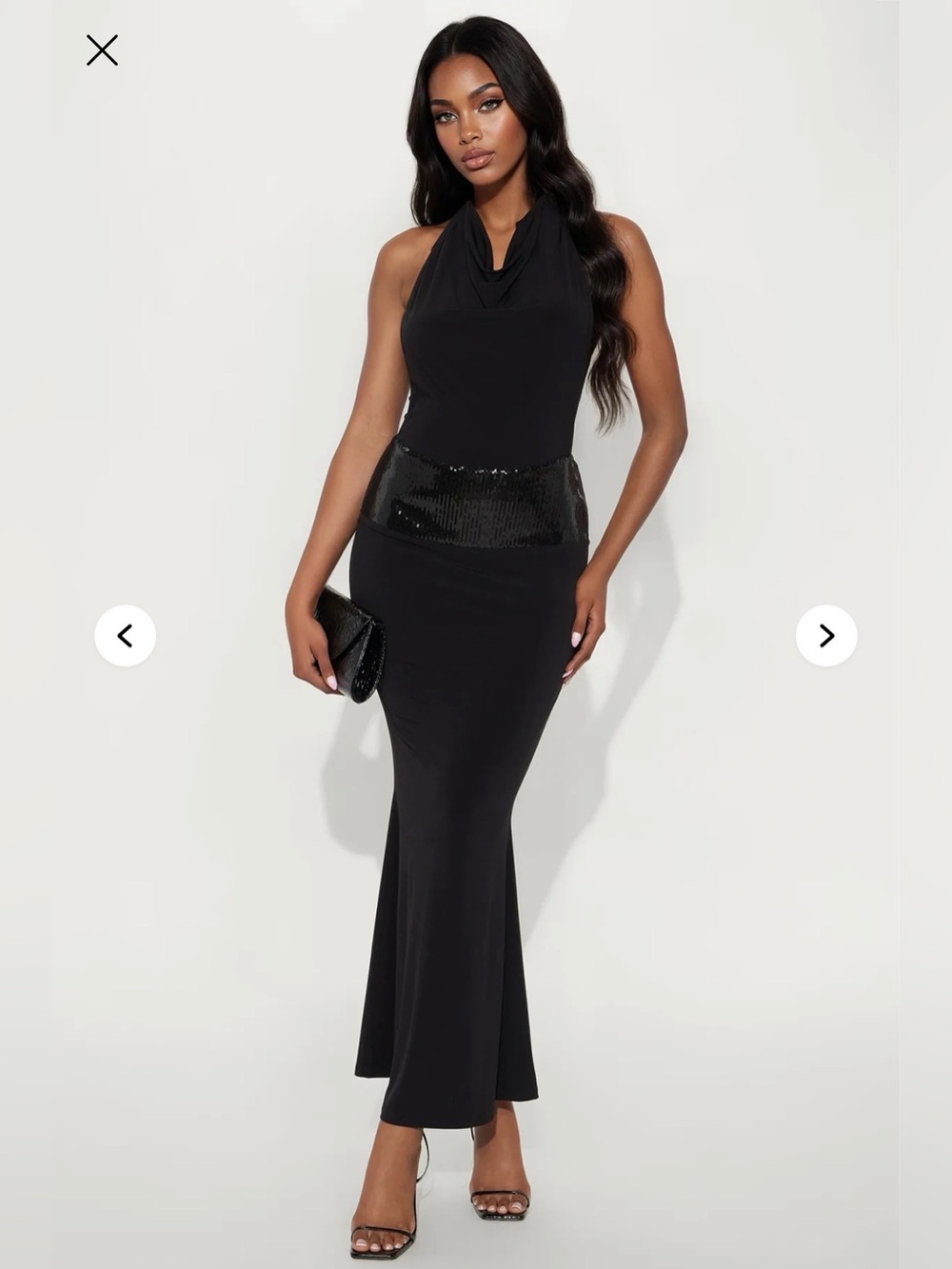 Black Halter Cowl Neck Evening Dress with Sequin Waist